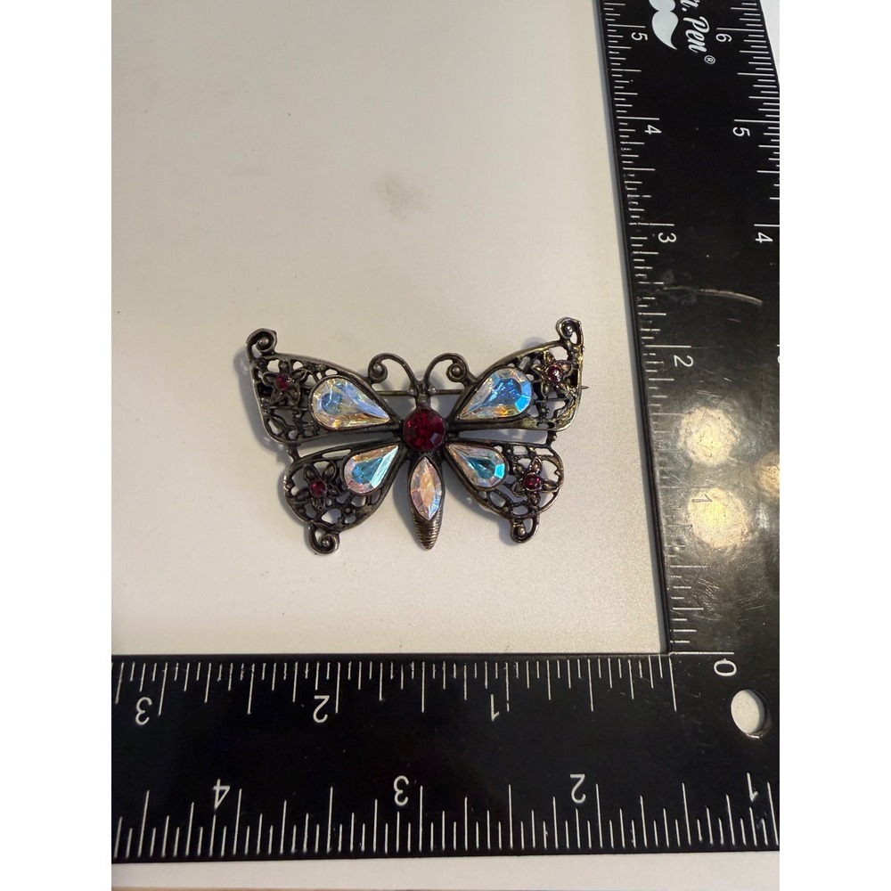 Vintage Filigree Butterfly Brooch Aurora Borealis Red Crystal Silver Tone Pin